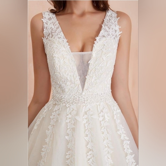 Abaowedding White Wedding Gown Lace Tulle Applique Illusion V Neck NWT - Picture 12 of 12
